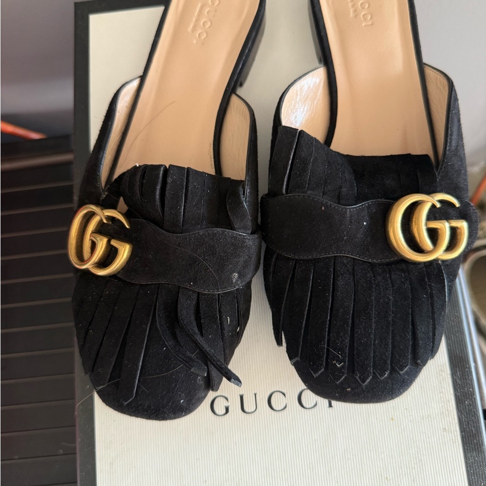 Gucci Women's Black Suede Mules with Gold Logo